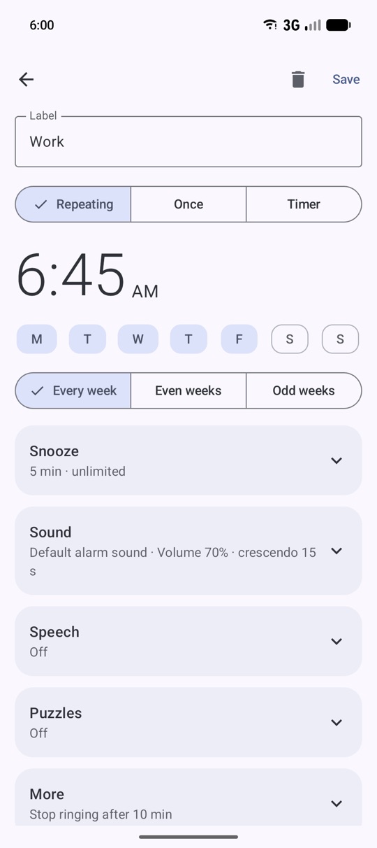 Alarm editor with weekdays, even and odd weeks and folding sections