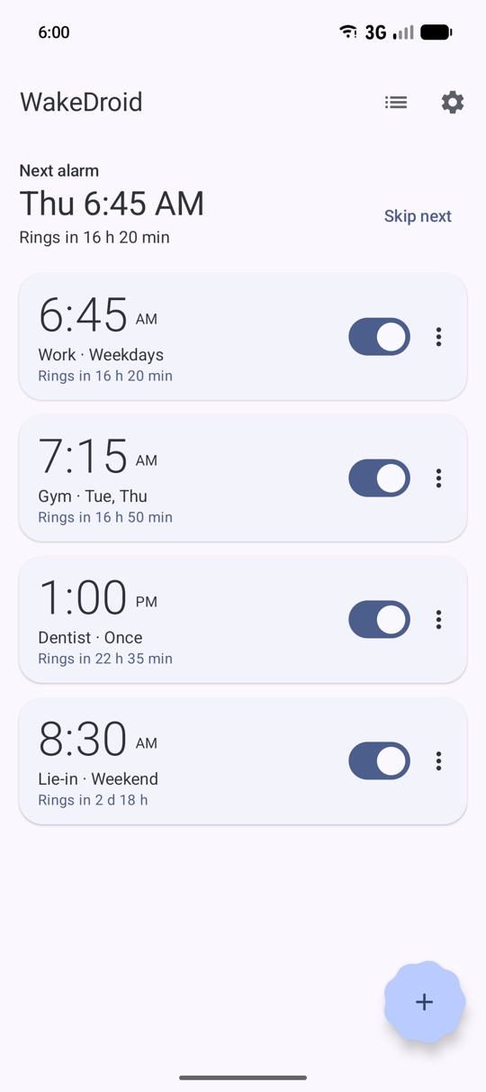 Alarm list with the next alarm and a skip button