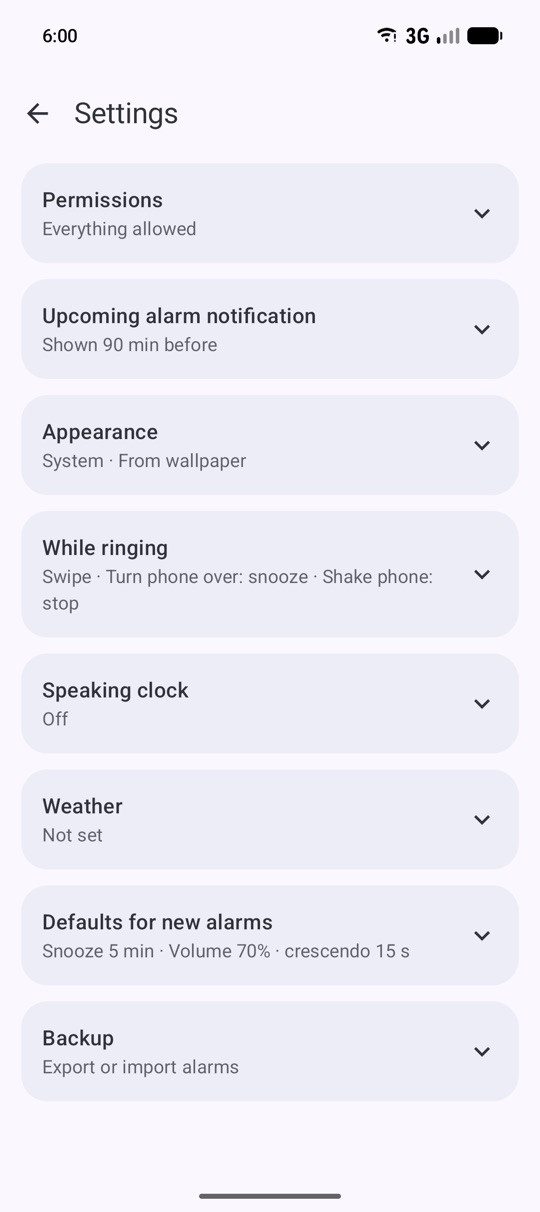 Settings with themes, permissions and backup